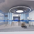 Modern Public Office Area Design With Open Layout Workstations And Circular Ceiling Light 3d model