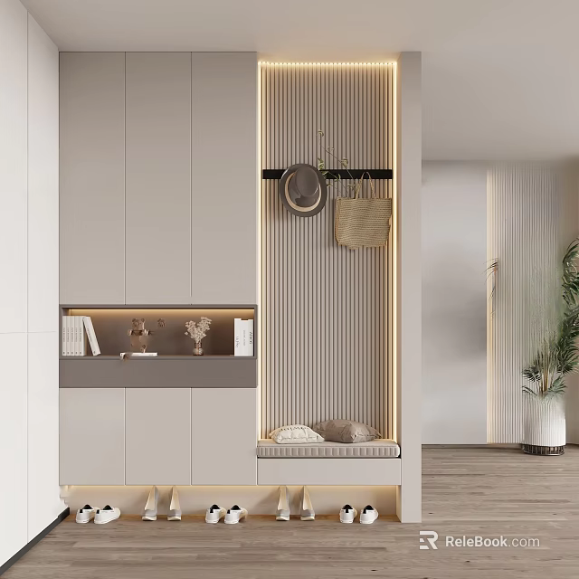 Modern Minimalist Entryway Hallway Design With Light Cabinets Hanging Hat Bag And Ambient Lighting 3d model 