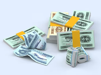 Various Rolled And Stacked Household Supplies Bundled With Yellow Tape 3d model
