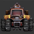 Futuristic Armored Off Road Vehicle With Large Tires Red Orange Paint Turret And Yellow Lights