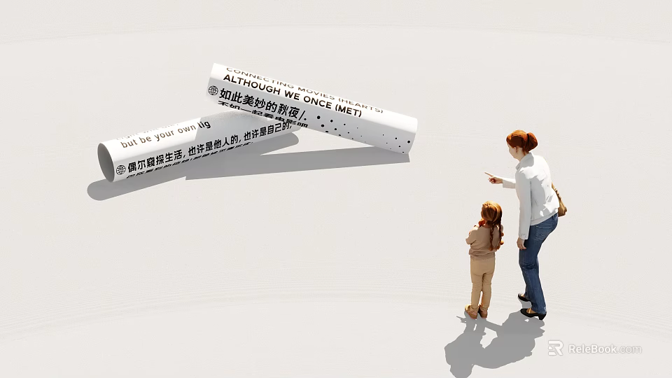 Adult And Child Standing Together Pointing At Scrolls With Chinese Text On White Background 3d model 