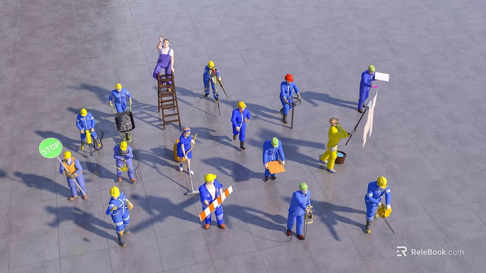 Group of Workers in Blue Worksuits and Yellow Hard Hats Performing Tasks on Concrete Ground 3d model 