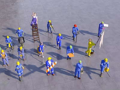 Group of Workers in Blue Worksuits and Yellow Hard Hats Performing Tasks on Concrete Ground 3d model