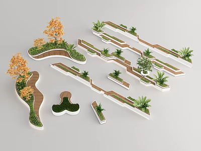 Modern Landscape Design With Green Plants Wooden Pathways Curved Beds And Autumn Trees 3d model