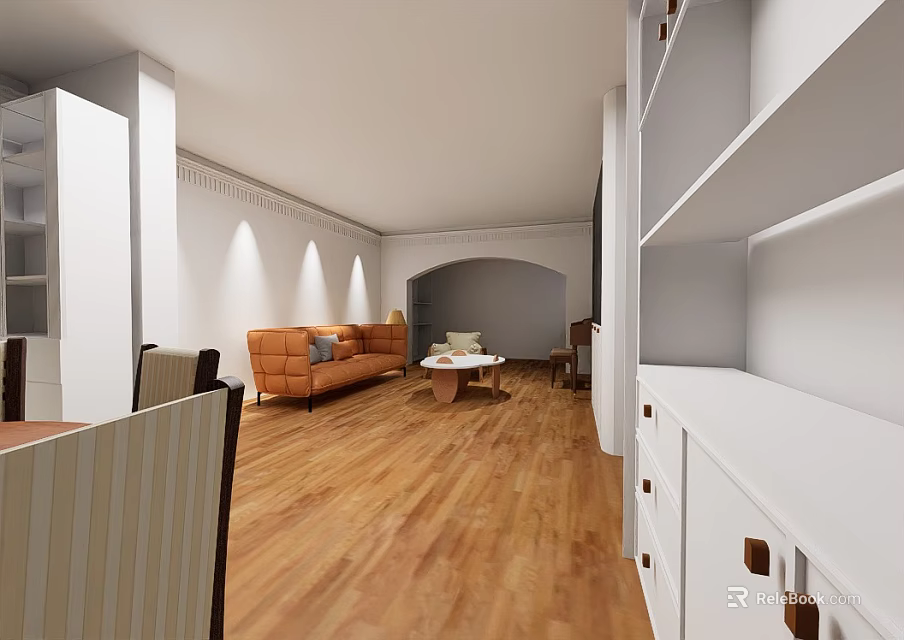 Modern Living Dining Room Interior Design With Orange Sofa Coffee Table Wooden Flooring And White Cabinets 3d model 