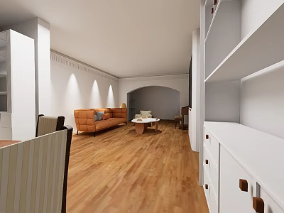 Modern Living Dining Room Interior Design With Orange Sofa Coffee Table Wooden Flooring And White Cabinets 3d model
