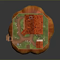 Whimsical House Building on Giant Mushroom Base with Red Roof Wooden Balcony and Green Lawn