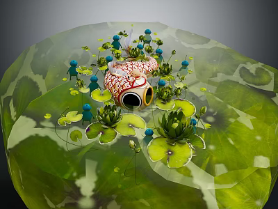 Cartoon Scene with Red White Fish Lily Pads and Blue Aquatic Plants in Transparent Hemisphere 3d model