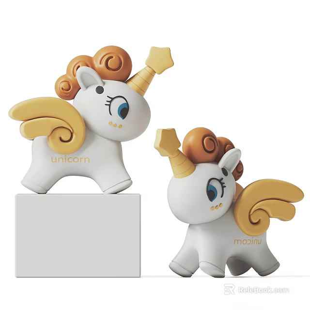 Cute Unicorn Plush Dolls With Golden Wings Horns And Curls 3d model 