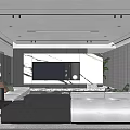 Modern Living Room Interior Design With Marble TV Wall Gray Dark Sofas And Green Plant