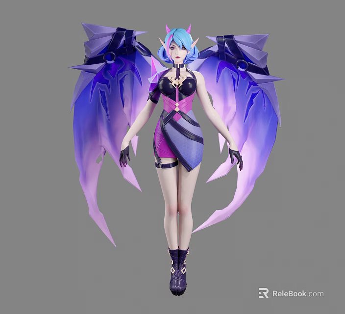 Game and Movie Character With Blue Purple Hair Purple Black Outfit Large Purple Blue Wings 3d model 