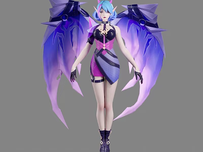 Game and Movie Character With Blue Purple Hair Purple Black Outfit Large Purple Blue Wings 3d model