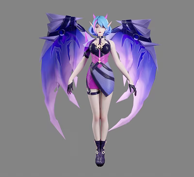 Game and Movie Character With Blue Purple Hair Purple Black Outfit Large Purple Blue Wings 3d model