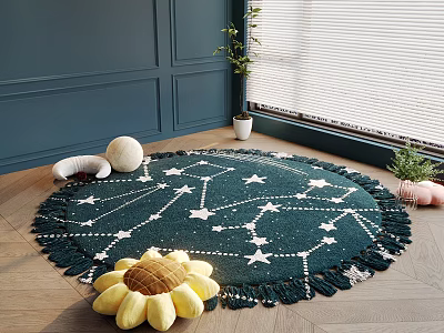 Dark Green Round Carpet With Star Pattern In Living Room 3d model