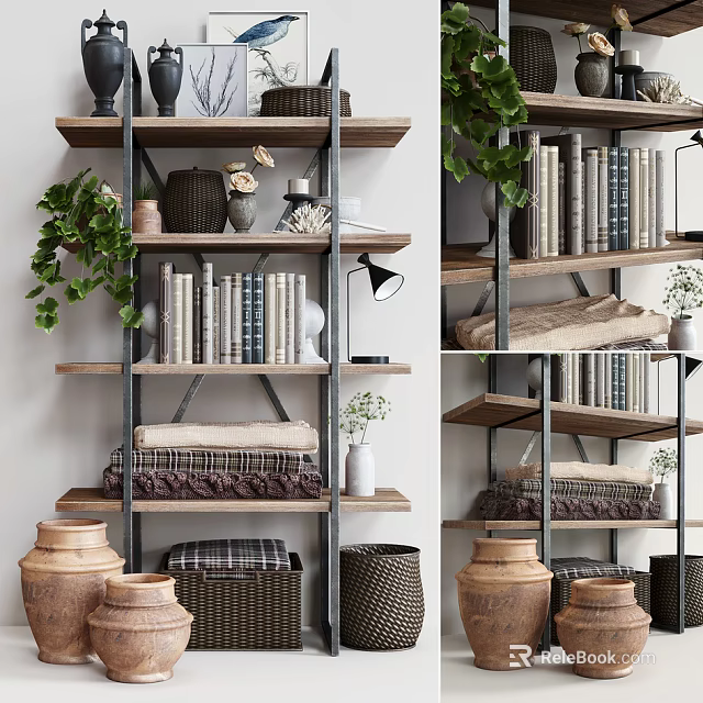 Stylish Shelving Unit With Multiple Tiers Books Decorative Items Potted Plants And Storage Baskets 3d model 