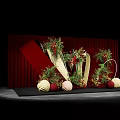 Elegant Banquet Hall With Red Curtain Background And Floral Arch Decorative Spheres