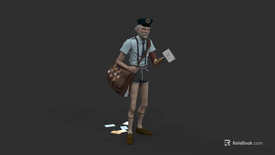 Game Movie Character Postman with Hat Carrying Mailbag and Holding Letters Scattered on Ground 3d model 