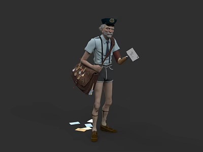 Game Movie Character Postman with Hat Carrying Mailbag and Holding Letters Scattered on Ground 3d model