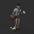 Game Movie Character Postman with Hat Carrying Mailbag and Holding Letters Scattered on Ground