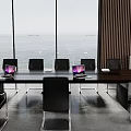 Modern Conference Table With Black Chairs Laptop And Sea View Through Large Windows