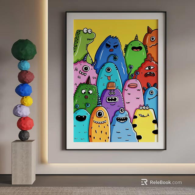 Abstract Painting With Colorful Monsters In Vibrant Colors And Playful Expressions 3d model 