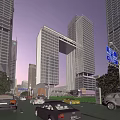 Modern Commercial Complex Twin Skyscrapers Connected By Sky Bridge In Urban Setting With Glass Facades