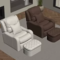 Modern Living Room Interior With White And Brown Tufted Armchairs Matching Ottomans Fireplace And Bookshelf