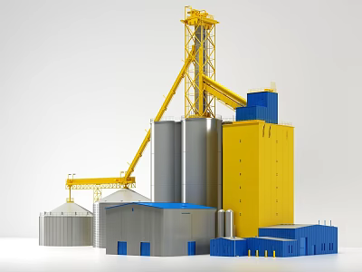 Large Industrial Factory Building With Yellow Blue Structures And Silver Storage Tanks 3d model