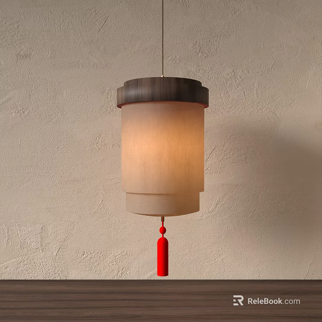 Traditional Lantern With Wooden Top White Lampshade And Red Tassel Against Light Textured Wall 3d model 
