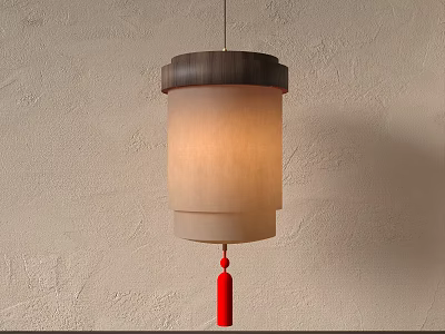 Traditional Lantern With Wooden Top White Lampshade And Red Tassel Against Light Textured Wall 3d model