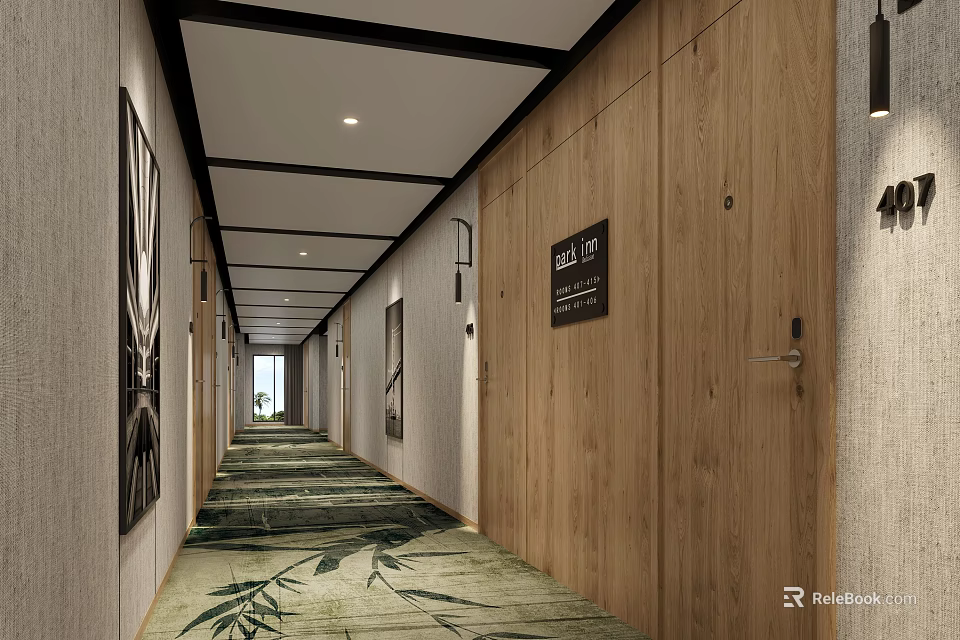 Hotel Corridor Interior With Wooden Walls Green Bamboo Leaf Carpet And Ceiling Lights 3d model 