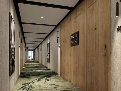 Hotel Corridor Interior With Wooden Walls Green Bamboo Leaf Carpet And Ceiling Lights 3d model