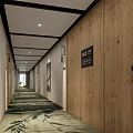 Hotel Corridor Interior With Wooden Walls Green Bamboo Leaf Carpet And Ceiling Lights