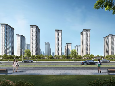 Modern High Rise Residential Buildings With Greenery Road Cars And Pedestrians 3d model