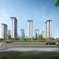 Modern High Rise Residential Buildings With Greenery Road Cars And Pedestrians