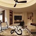 Modern Living And Dining Room Interior With Brown Sofa Woven Partition And Round Ceiling Fan