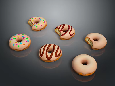 Assorted Glazed Donuts With Sprinkles And Chocolate Stripes On Bitten Pastries 3d model