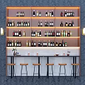 Modern Wine Cabinet with Multiple Shelves Various Wine Bottles Bar Counter Stools and Warm Lighting