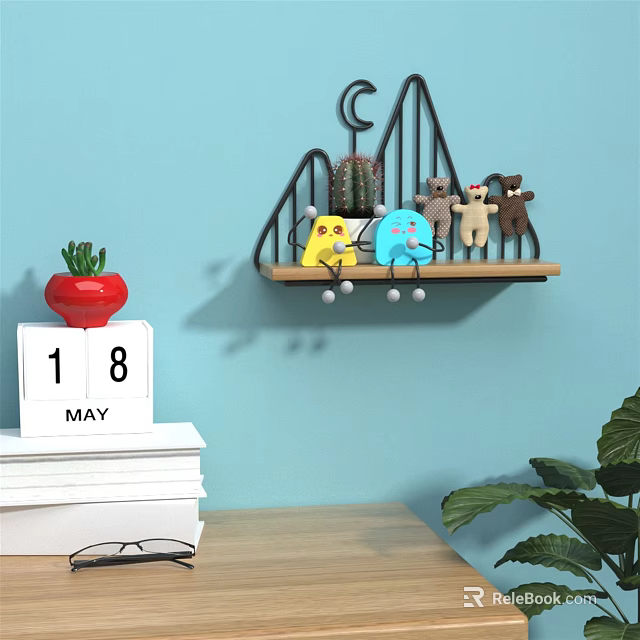 Wall Shelf on Blue Wall with Metal Frame Cactus and Stuffed Toys Decor 3d model 