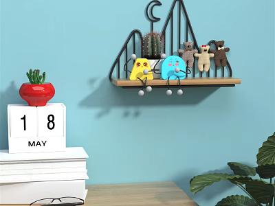 Wall Shelf on Blue Wall with Metal Frame Cactus and Stuffed Toys Decor 3d model