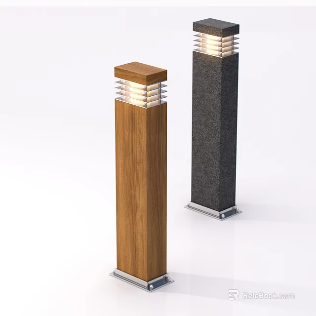 Outdoor Column Lights With Wooden And Black Stone Design For Garden Decor 3d model 