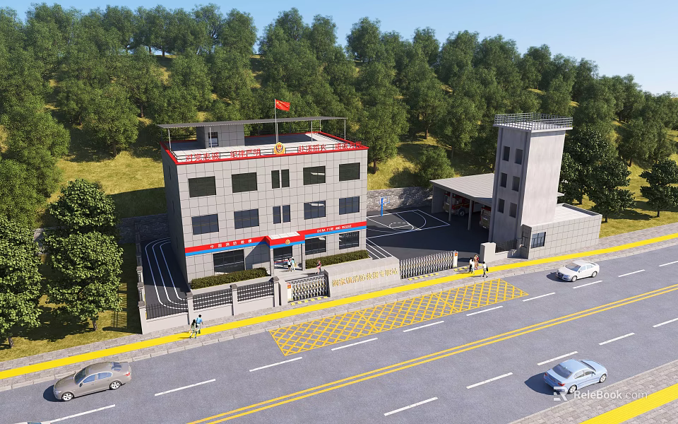 Modern Fire Station Surrounded by Green Trees With National Flag Watchtower and Vehicles on Road 3d model 