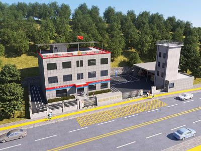 Modern Fire Station Surrounded by Green Trees With National Flag Watchtower and Vehicles on Road 3d model