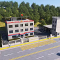 Modern Fire Station Surrounded by Green Trees With National Flag Watchtower and Vehicles on Road