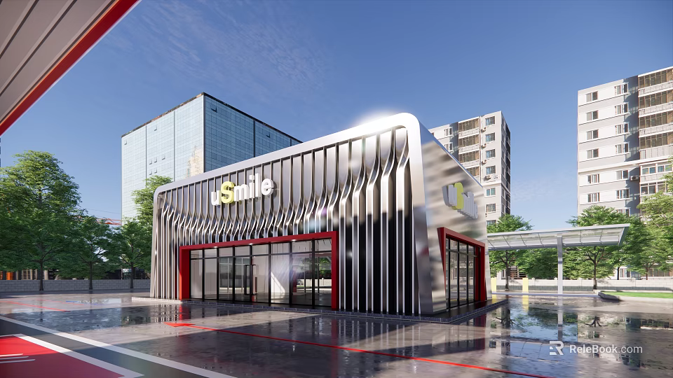 Smile Modern Building With Metallic Facade Red Accents And Glass Doors Near High Rise Structures 3d model 