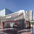 Smile Modern Building With Metallic Facade Red Accents And Glass Doors Near High Rise Structures