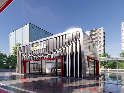 Smile Modern Building With Metallic Facade Red Accents And Glass Doors Near High Rise Structures 3d model