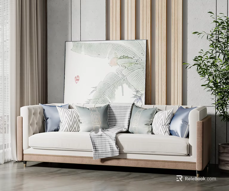 Modern Multi Seater Sofa With Patterned Cushions Throw Blanket Green Plant And Leaf Artwork 3d model