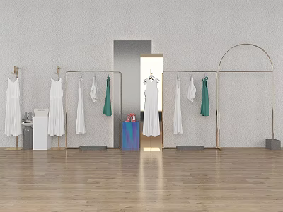Minimalist Clothing Store Interior With Golden Racks White Green Dresses And Wooden Floor 3d model