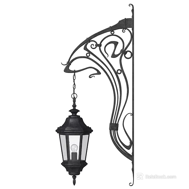 Classic Wall Mounted Outdoor Light with Wrought Iron Decoration and Glass Shade 3d model 